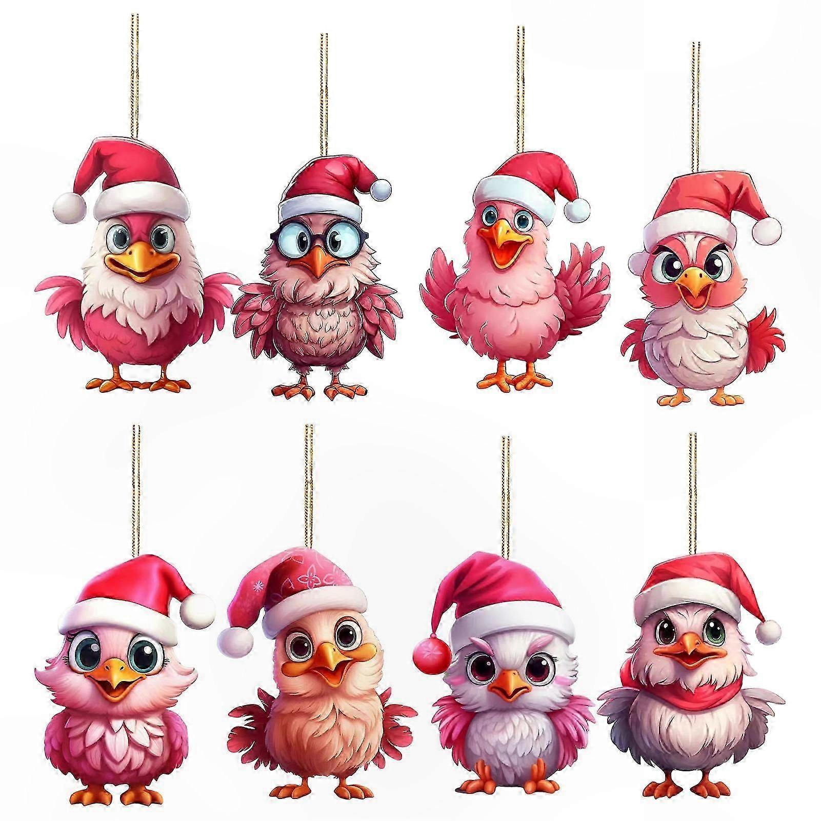 8 יחידות תליוני חיות משק חג המולד - קישוטים תלויים עוף ורוד לעץ, חדר, גינה וחצר
