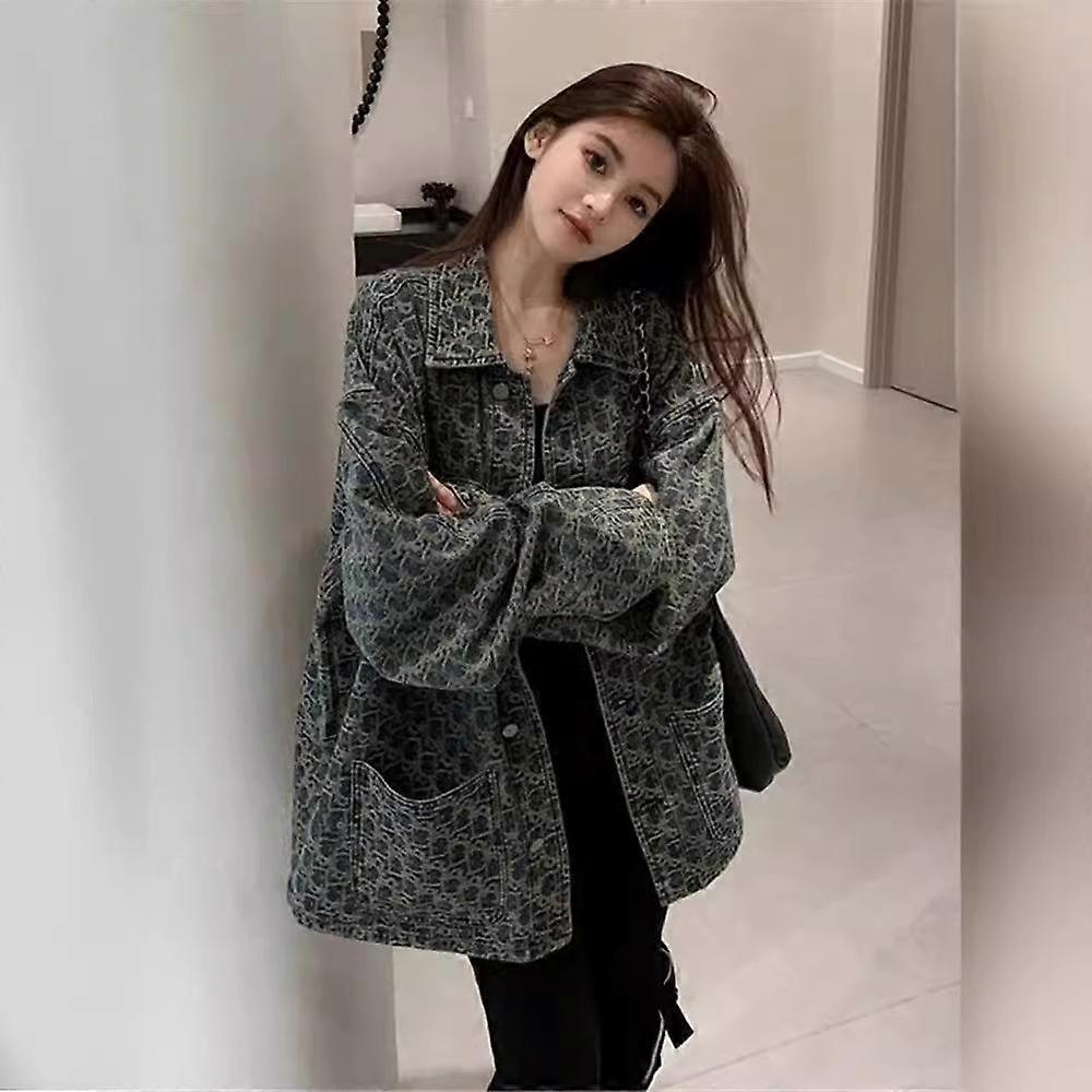 Vintage Denim Jacket Women's Spring and Autumn Printed Jacket Tops