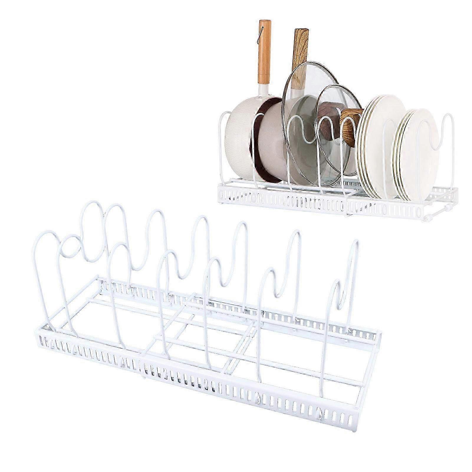 Adjustable Tabletop Pot and Pan Organizer Rack - Expandable Iron Holder with 7 Dividers for Kitchen Storage Solution