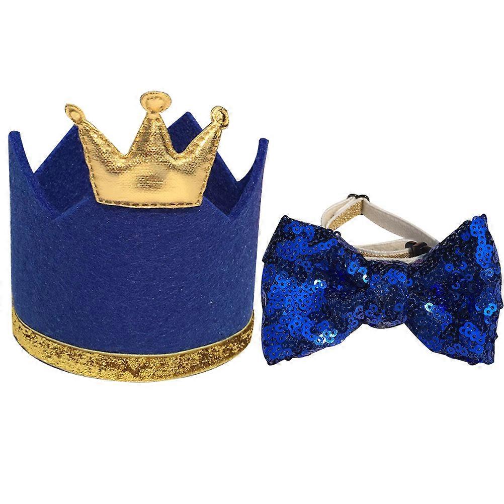 Pet Birthday Crown Hat And Bow Tie Set 2Pcs For Kids And Pets Ideal For Birthday Parties In Blue With Adorable Sequin Design