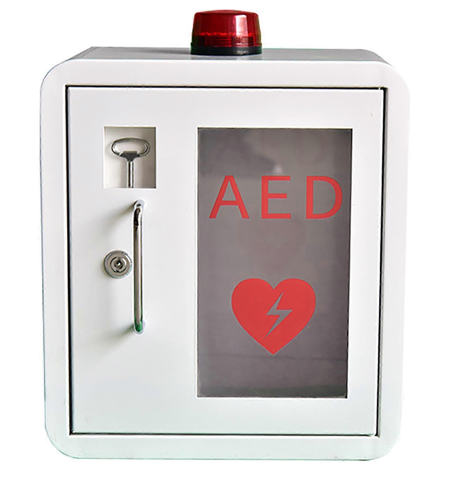 Wallmounted defibrillator storage cabinet with key and alarm system for home, office, nursing care, and buses.