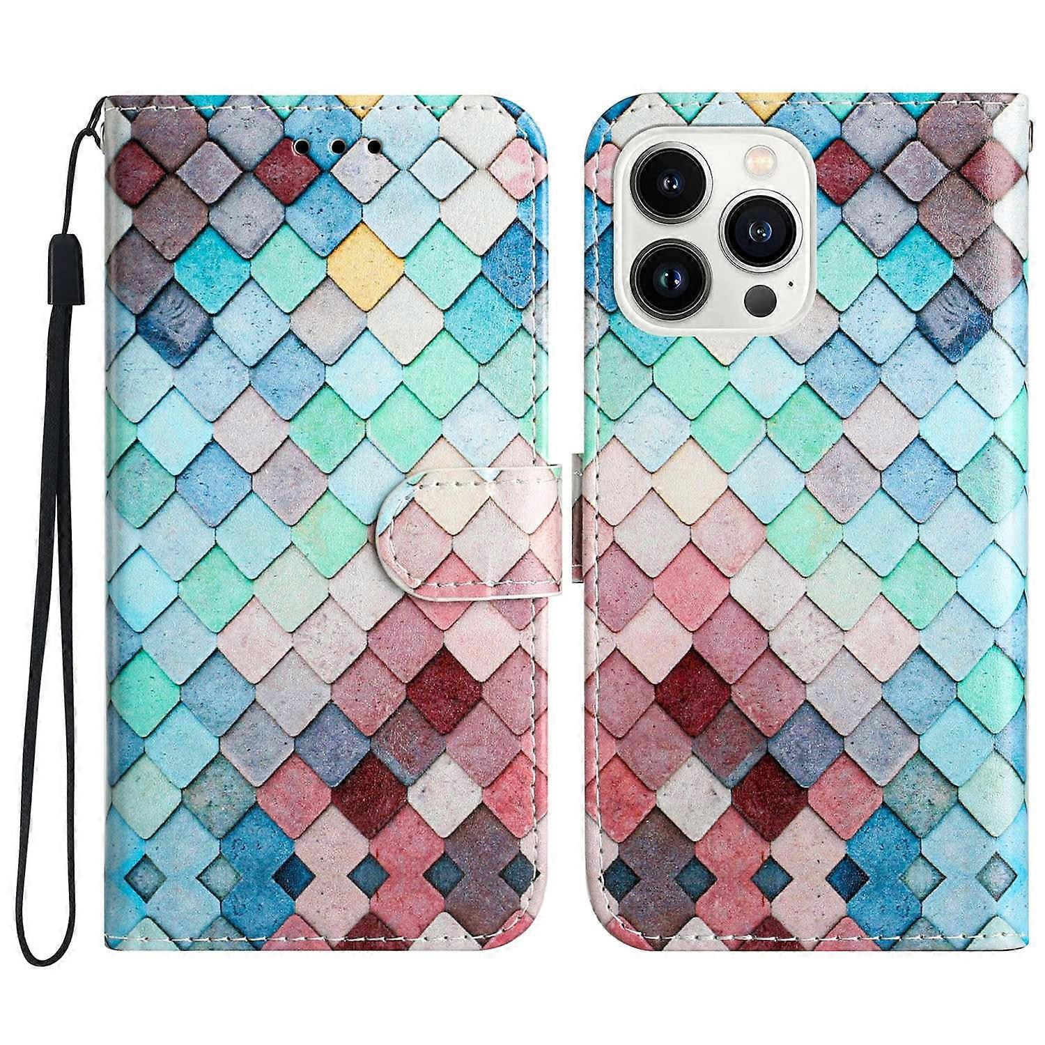 For iPhone 16 Pro Case Pattern Leather Phone Folio Cover with Card Slots Viewing Stand