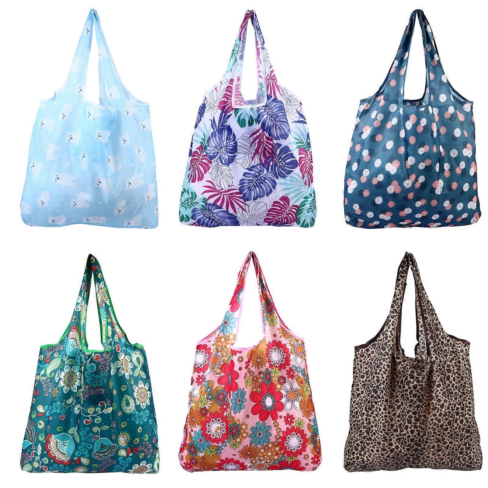 6pcs Lightweight Folding Shopping Pouch Reusable Polyester Tote Bags Assorted Floral Prints Compact Design for Grocery Beach Daily Use