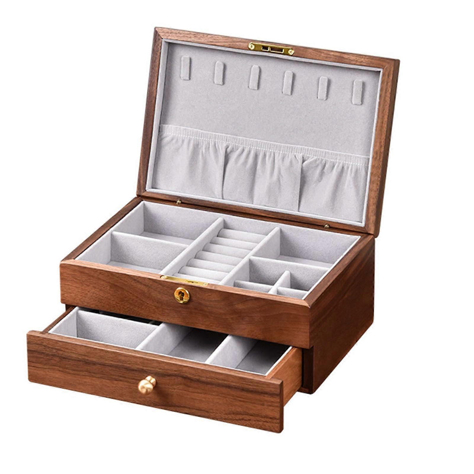 Elegant DoubleLayer Wooden Jewelry Box with Lock Walnut Drawer