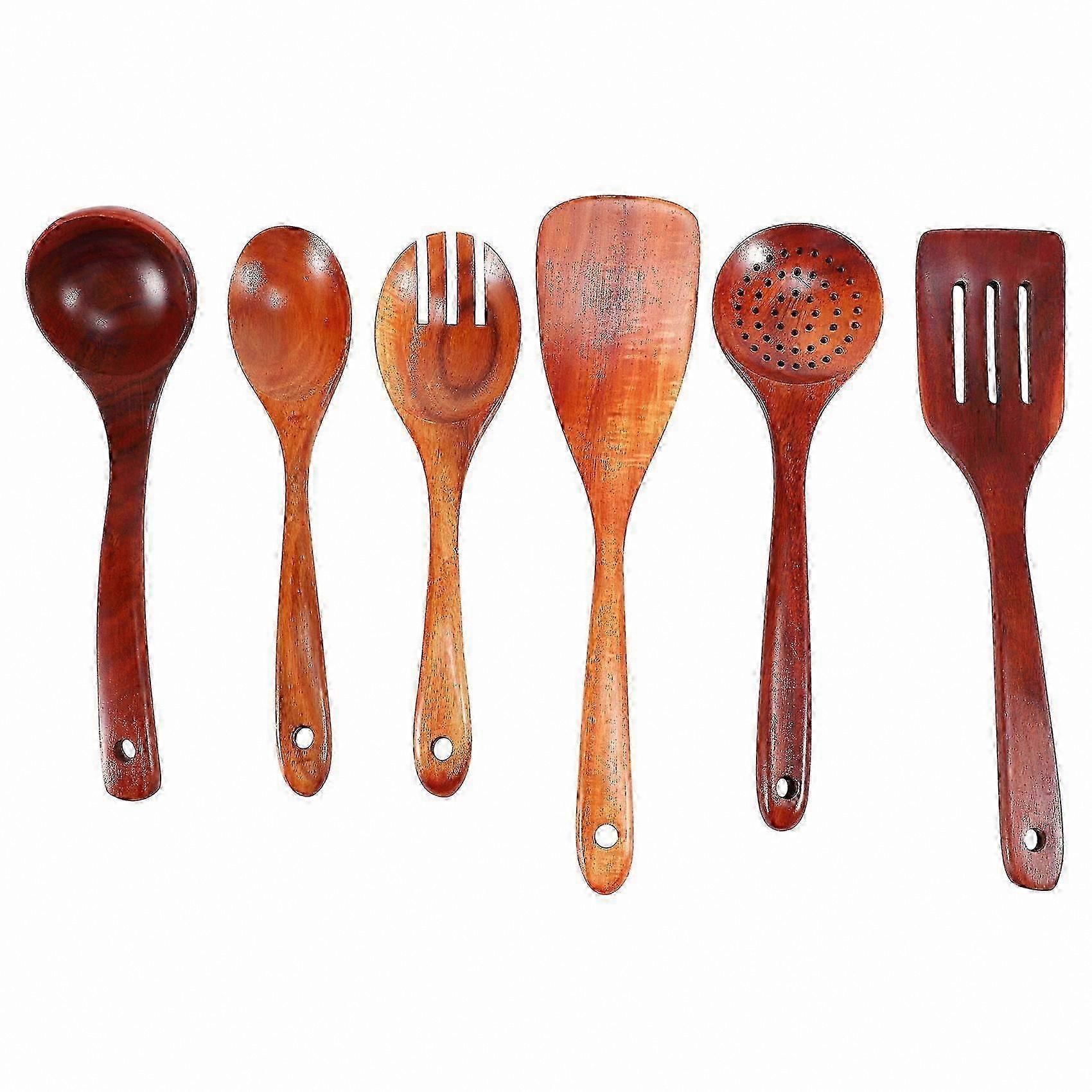 Natural Teak Wood Kitchen Utensil Set, 6-Piece Cooking Tools for Non-Stick Cookware, Spoons, Spatula, Ladle, Colander, Durable Seamless Design