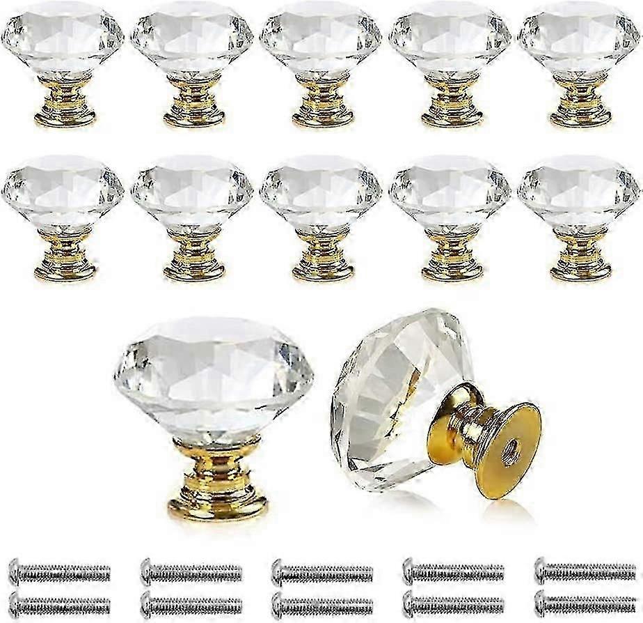12 Pieces Door Knobs Transparent With Screws30mm (12PCs, Gold)