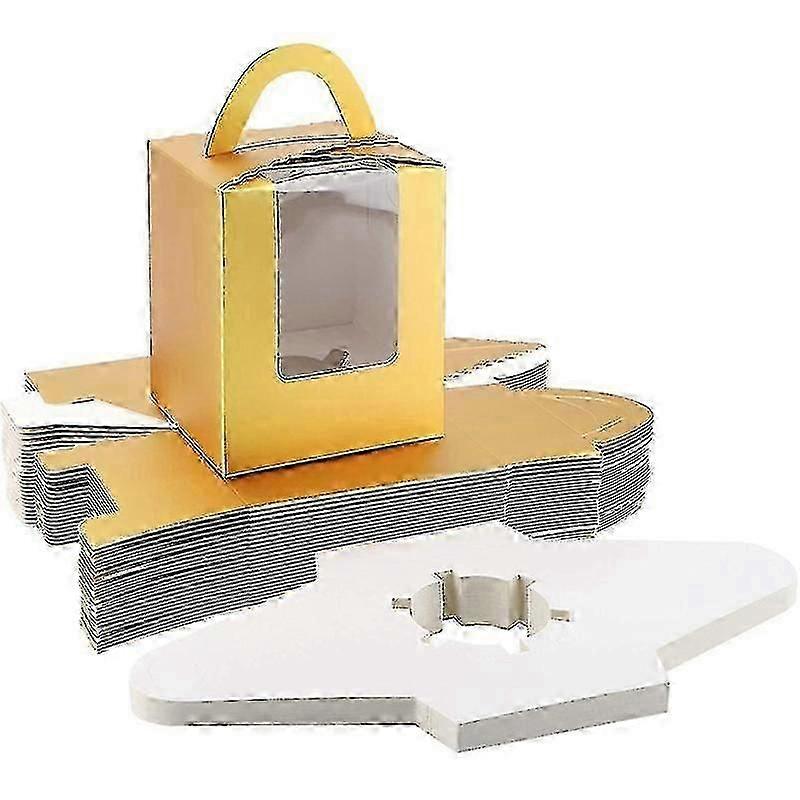 Kraft Cupcake Box with Window & Handle, Single Dessert Carrier, Golden Pastry Box