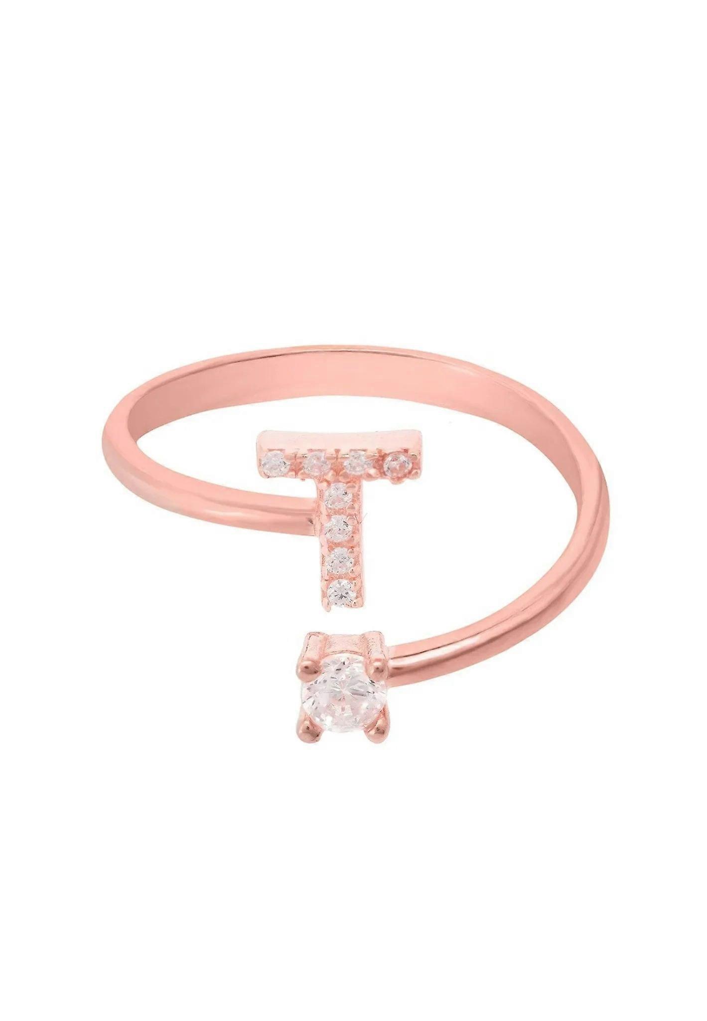 Latelita Initial Ring Rosegold T for Women, 925 Sterling Silver with 22ct Rose Gold and White Cubic Zirconia, Adjustable Fit