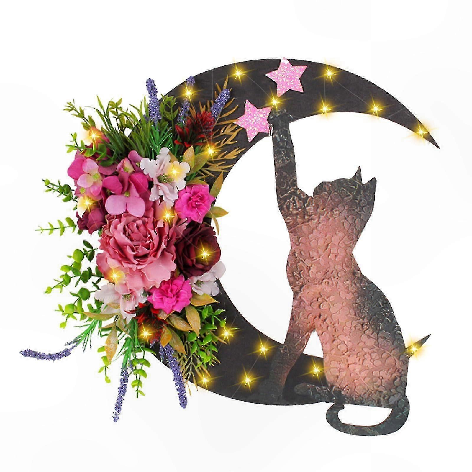 Halloween Moon Cat Wreath with Lights for Front Door - Design A