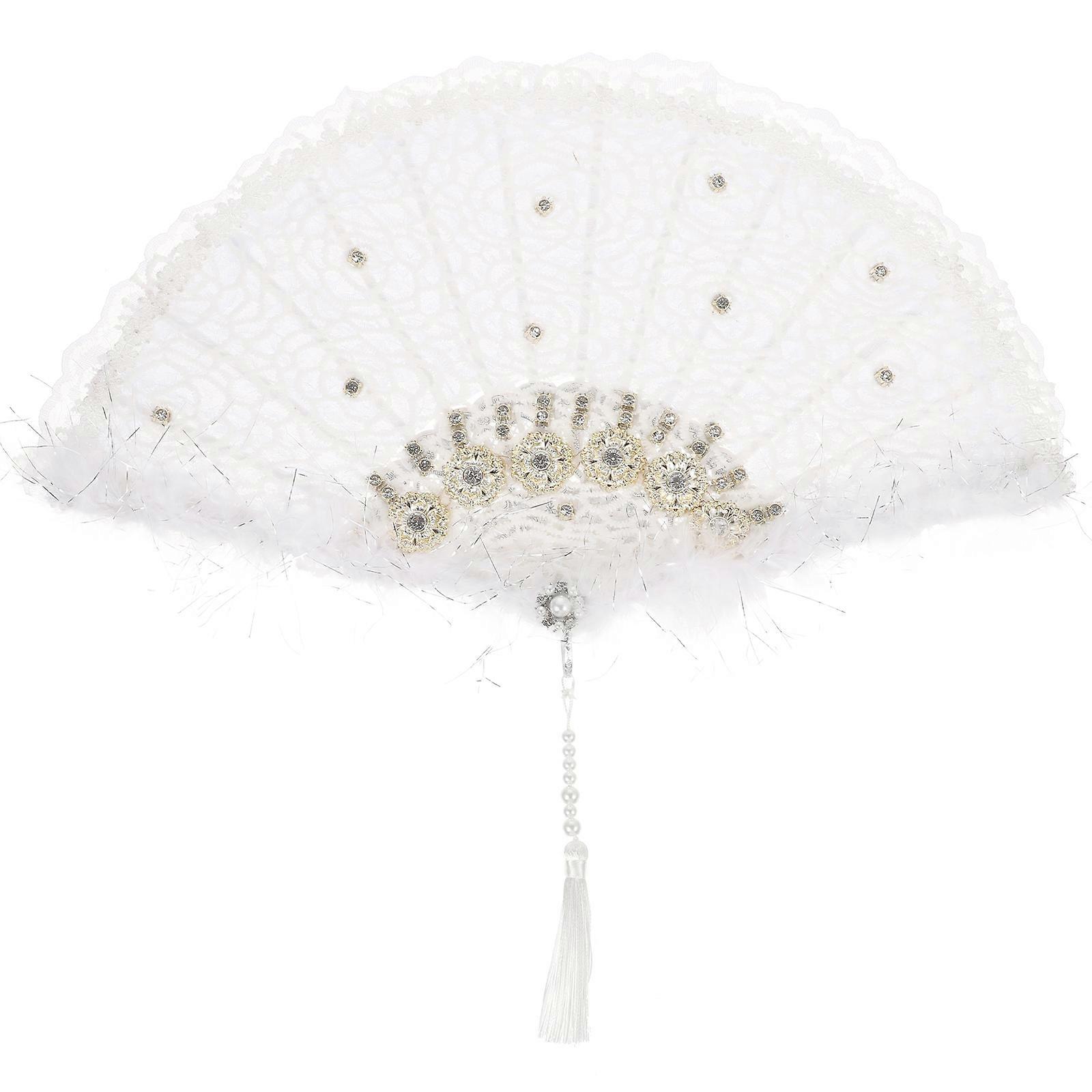 Plume Folding Fan for Cooling Use White Handheld Fan with Handle 1 Piece