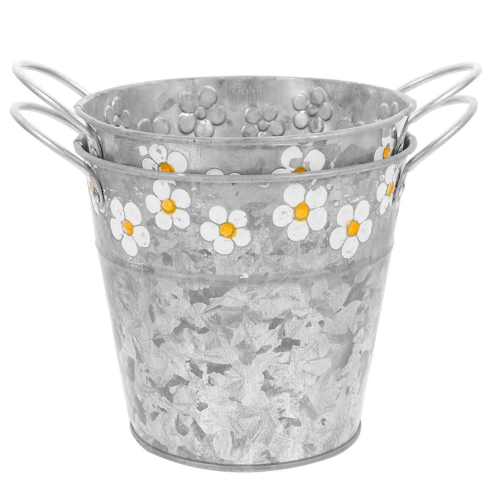 Retro Flower Bucket with Small Daisy Design for Decoration 2Pcs Iron Containers