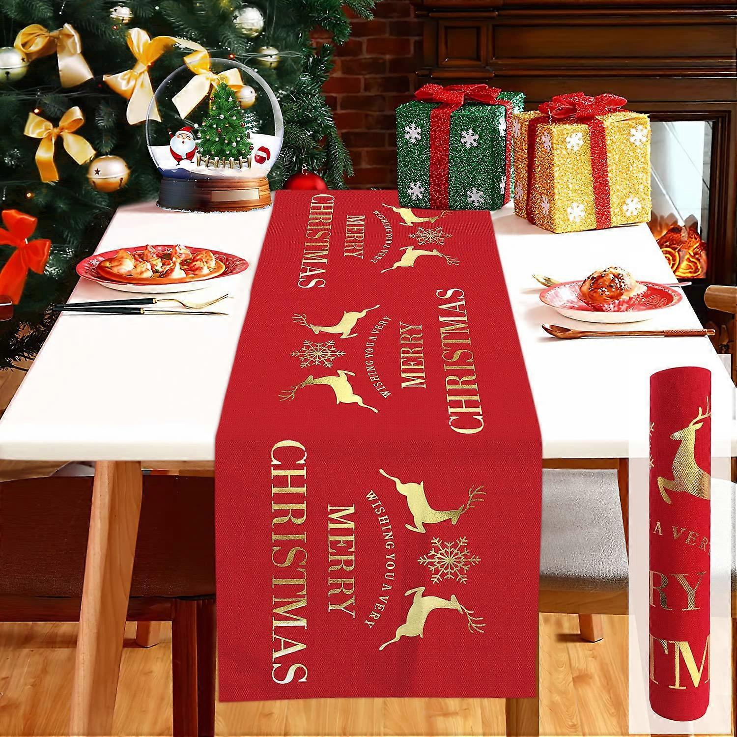 ZENGO Christmas Table Runner Roll, Red Linen Christmas Table Runners Tablecloth with Gold Elk Snowflake, 12 x 108 Inch Long