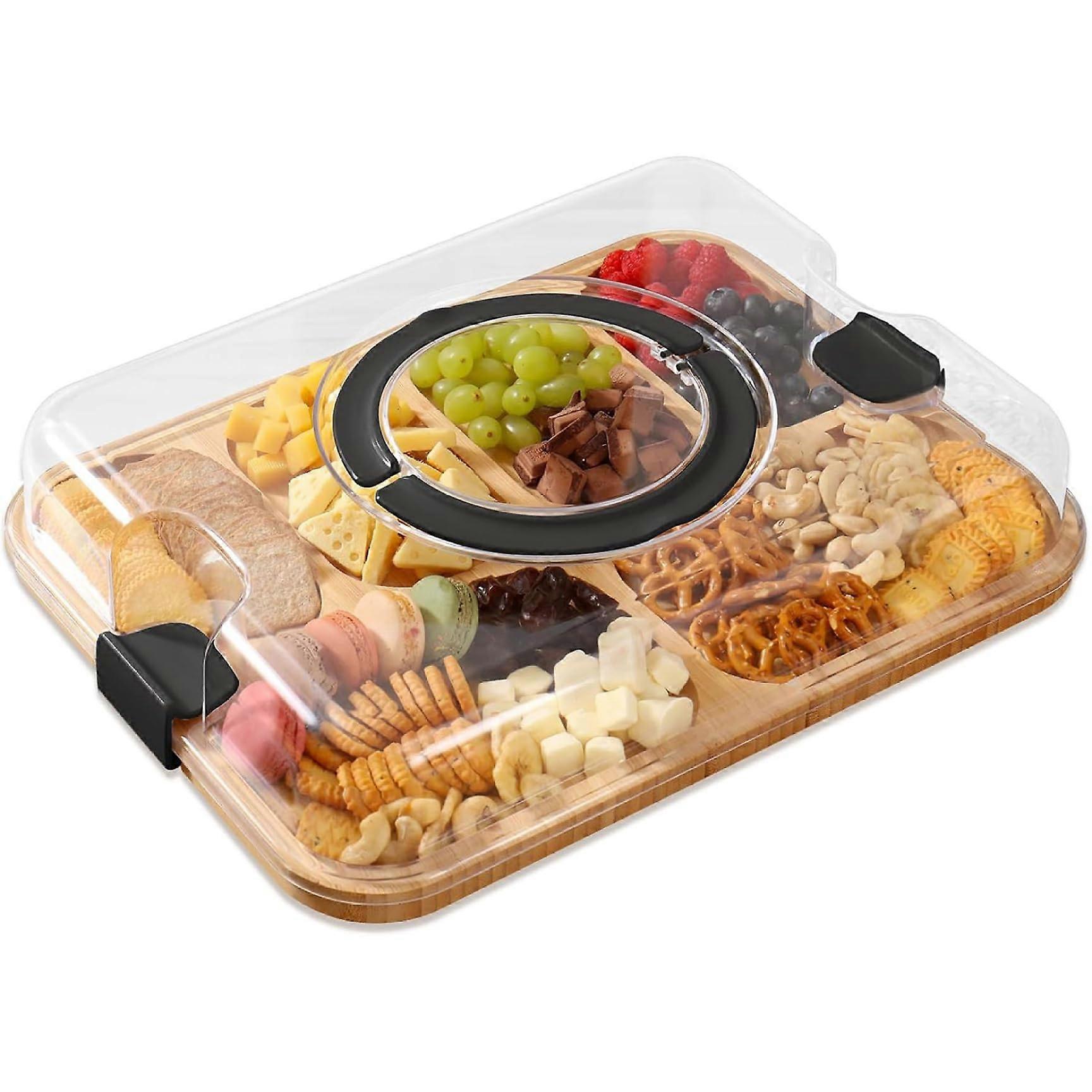 Charcuterie Board with Lid Bamboo Clear Lid 6 Compartments Handles Travel Serving Tray