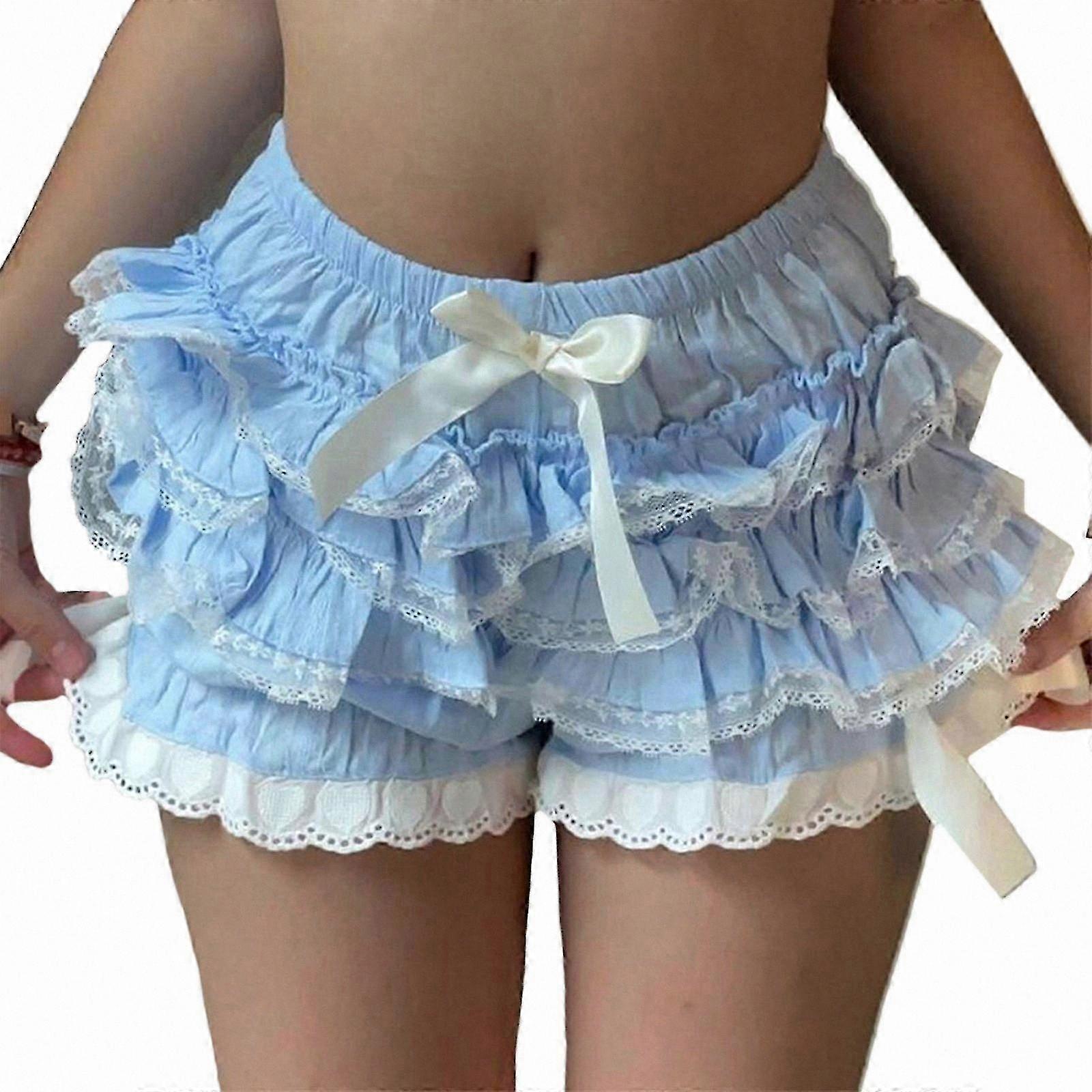 Women's Retro Ruffled Bloomers with Lace Trim and Bow Detail in White L Size