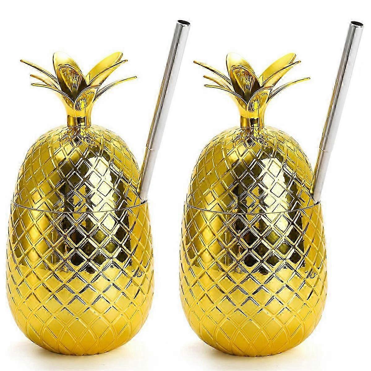 2er-Pack Ananas-Getränkebecher, 450 ml Gold-Ananas mit gestrecktem Strohhalm, hawaiianische Luau-Partybecher