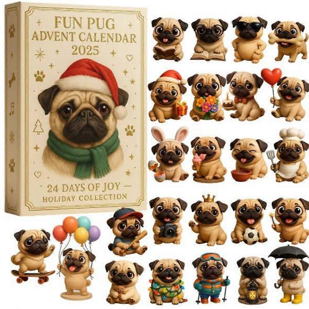 Fun Pug Advent Calendar 2025, 24 Days Christmas Pug Dog Advent Calendar