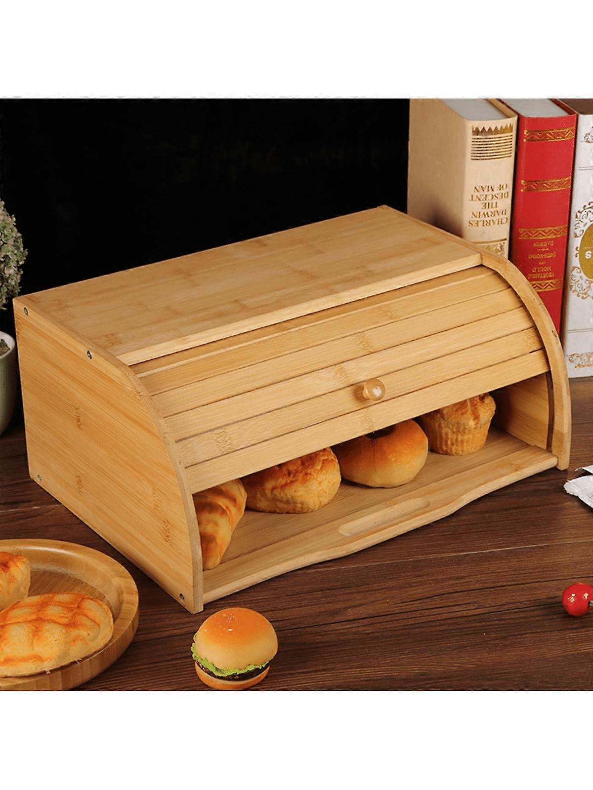 1 Pc Bamboo Bread Box, Roll Top Breadbox Bread Storage And Organizer For Kitchen Countertop