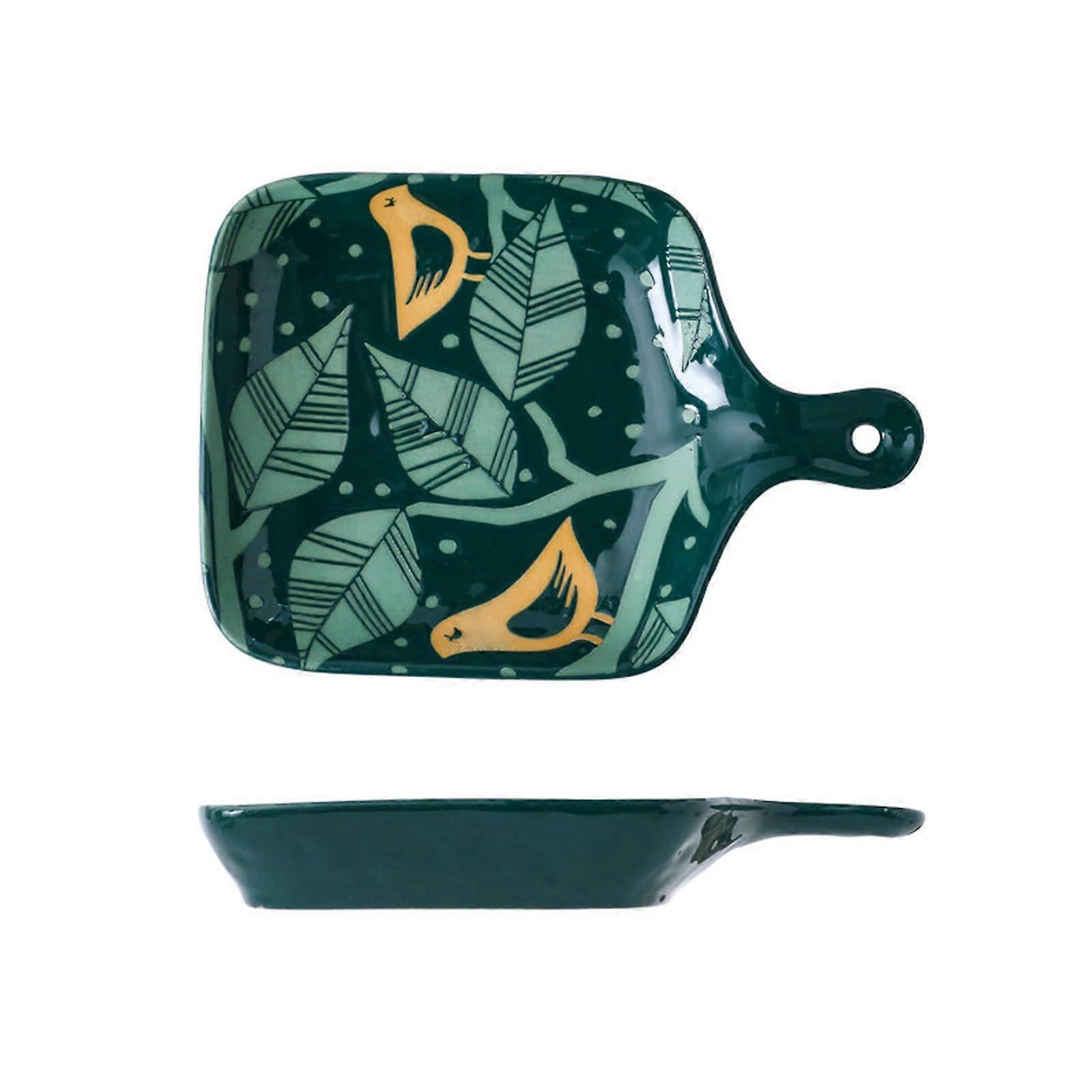 SingleHandle Pizza Baking Pan HandPainted Underglaze Relief Ceramic Tableware, Black And Green Magpie
