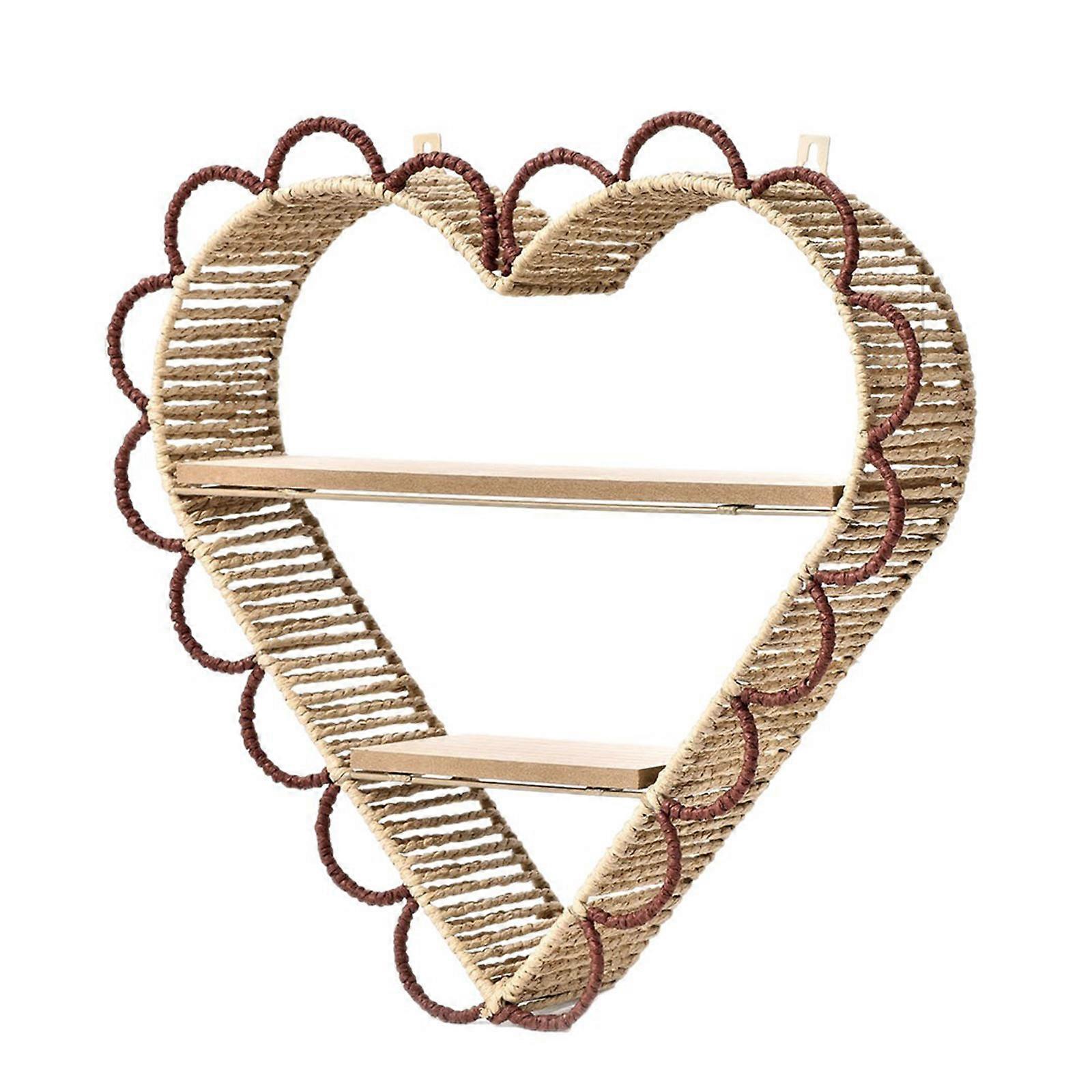 Wall Decors Heart Shape Hanging Shelf Wood Base Woven Paper Rope Design Vertical Space Saving Storage Rack Organizers Multicolor