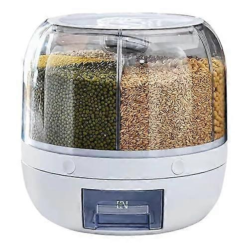 Cereal Dispenser 360Degree Rotating 6Grid Grain Storage 22Lb Capacity White Dry Rice and Grain Dispenser With Lid