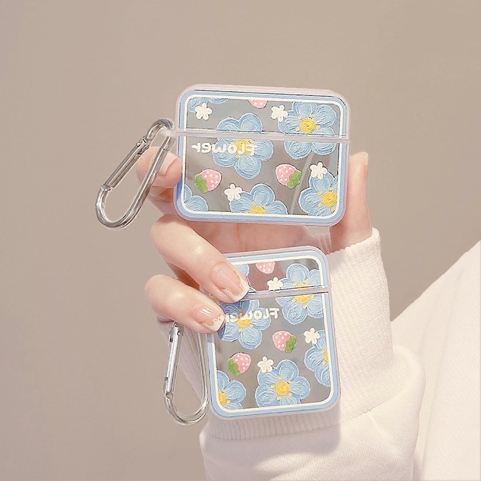 SUSUchens Earbud Case for AirPods 1/2, Blueberry Flower Print TPU Protective Shell, Mirror Surface, Anti-drop, Portable, White - compatible with