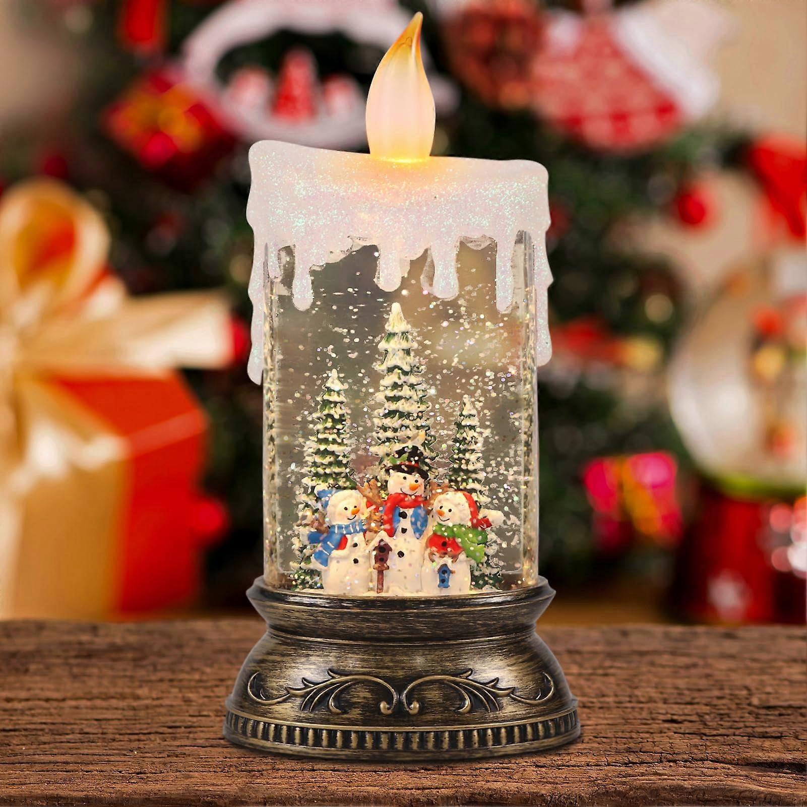 Christmas Snow Globe Lantern Candle with 3 Snowman Scenes, 8 Songs, Swirling Glitter, USB/Battery Powered