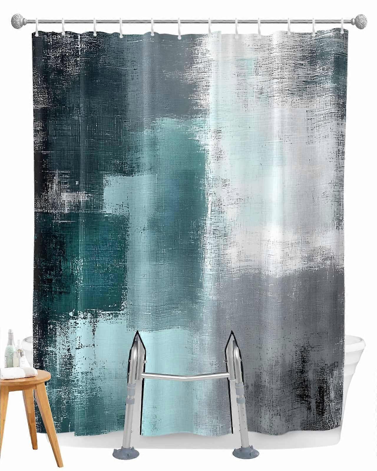 Split Shower Curtain for Transfer Bench, Waterproof Accessible Design, Teal Geometric 72x78