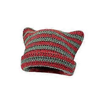 Unisex-Wintermütze, gestreifte Mütze mit Katzenohren für Damen, weiche, warme Mütze