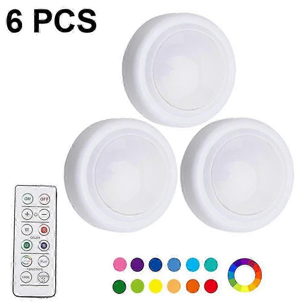 Wireless LED Under Cabinet Lighting, 6pcs Dimmable Puck Lights with 16 Changeable Colors, Battery Powered with Remote Controls