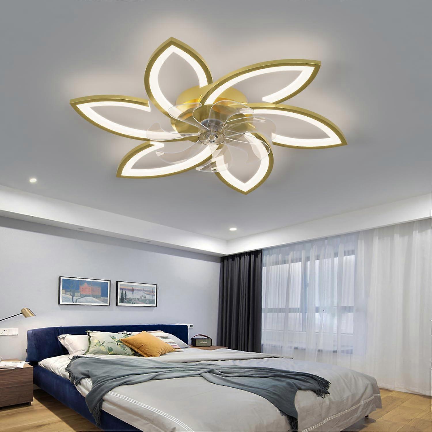 Modern Gold Ceiling Fan with Light and Remote, Flush Mount LED, 3 Color Temps, Quiet DC Motor