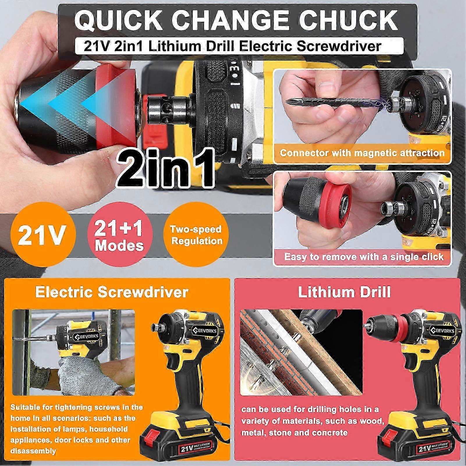 Geevorks 21V 2in1 Lithium Drill & Screwdriver, 1300mAh, Compact 26s