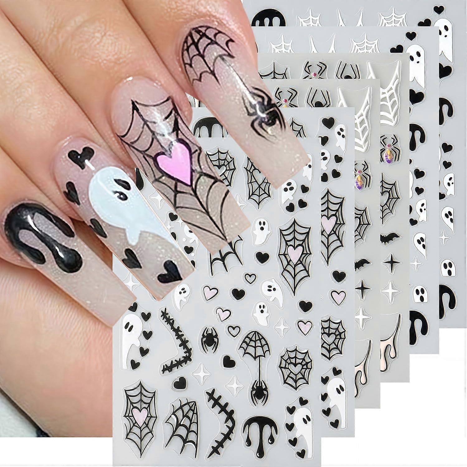 Halloween Nail Stickers 6 Sheets 3D SelfAdhesive Bat Ghost Spider Web Decals for DIY Manicure