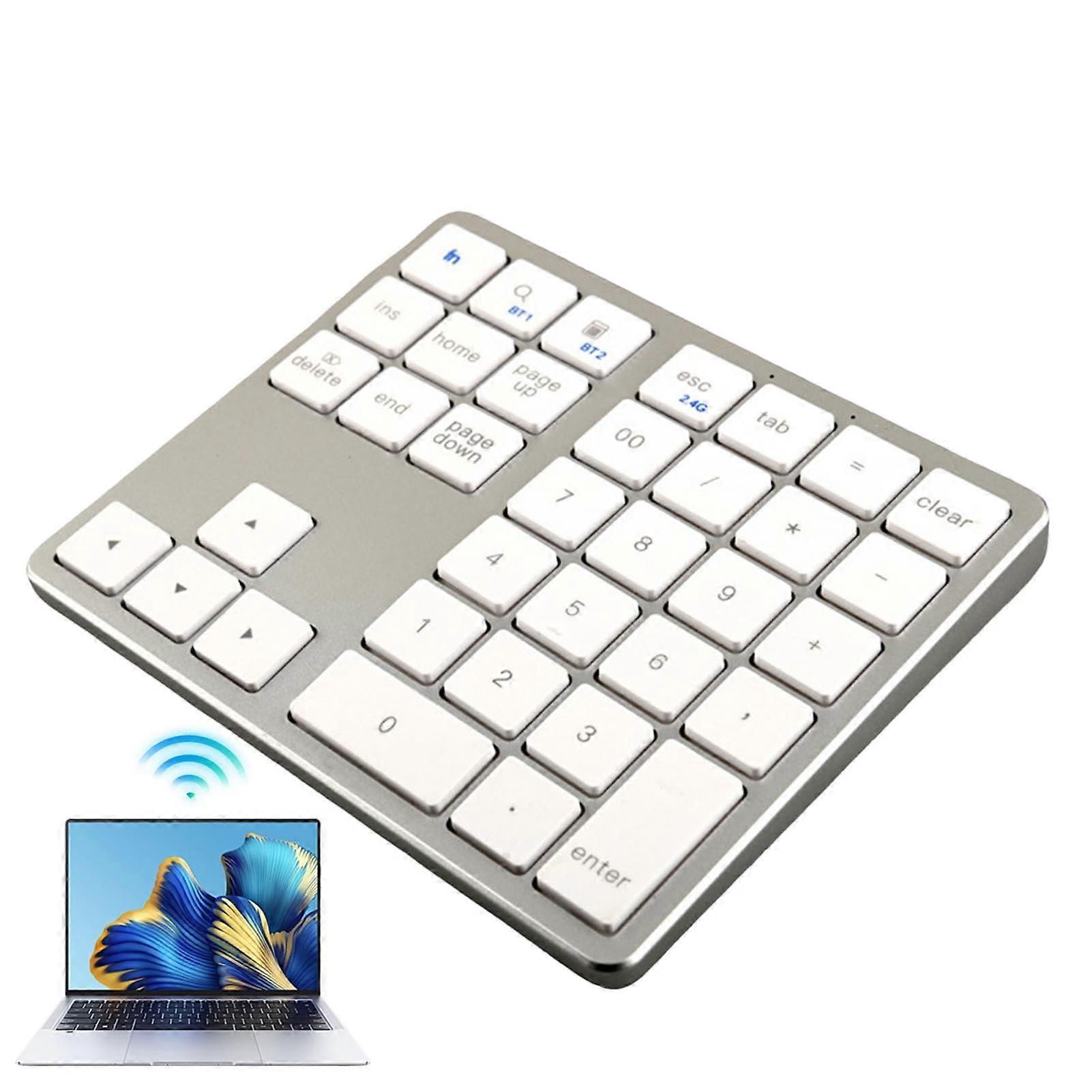 Wireless Numeric Keypad 35 Keys Bluetooth 2.4G Dual Mode Silent Typing for Laptop PC Phone Silver White