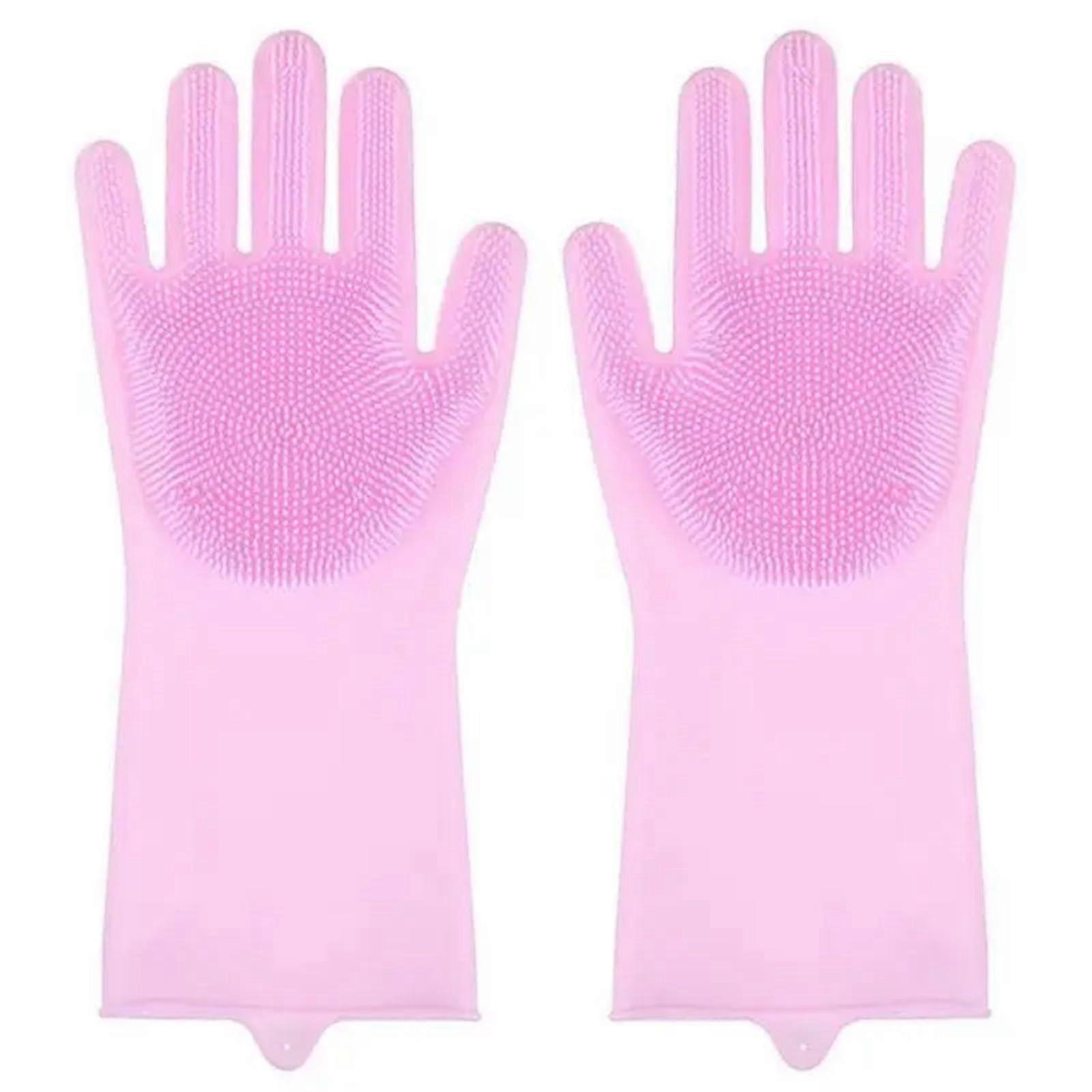 Silicone Cleaning Gloves with Scrubber for Kitchen and Bathroom, MultiPurpose Reusable Pink