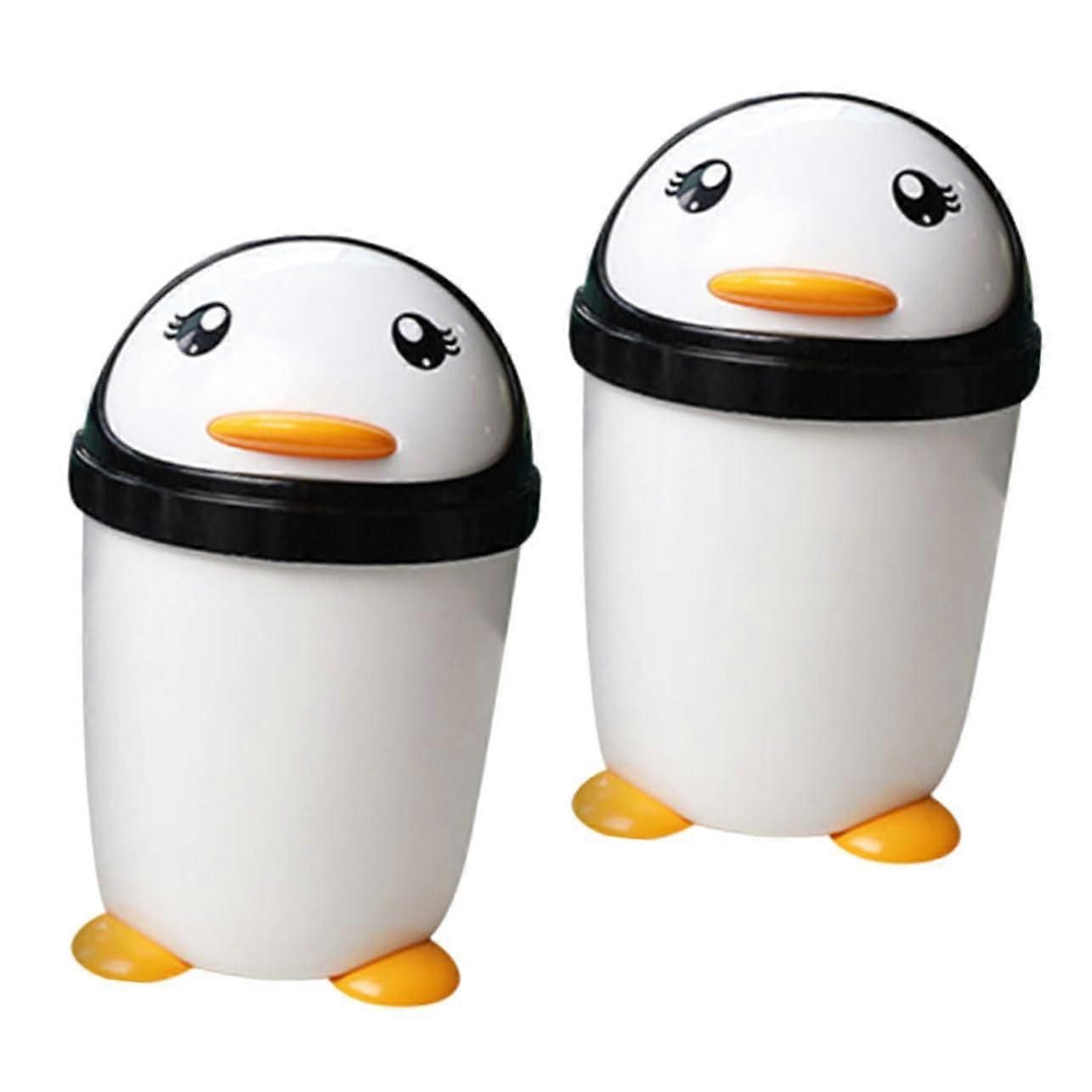 2pcs Cute Plastic Trash Can with Swing Lid Penguin Shape for Bedroom Office Car Compact Space Saving