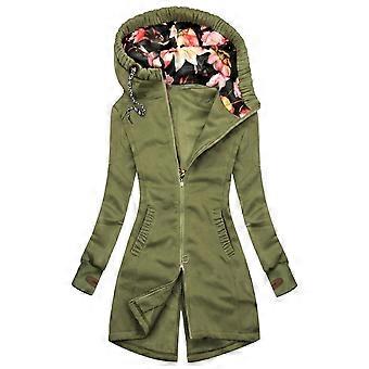 Women Hooded Coat Floral Print Patchwork Autumn Winter Drawstring Zipper Irregular Bottom Sweatshirt
