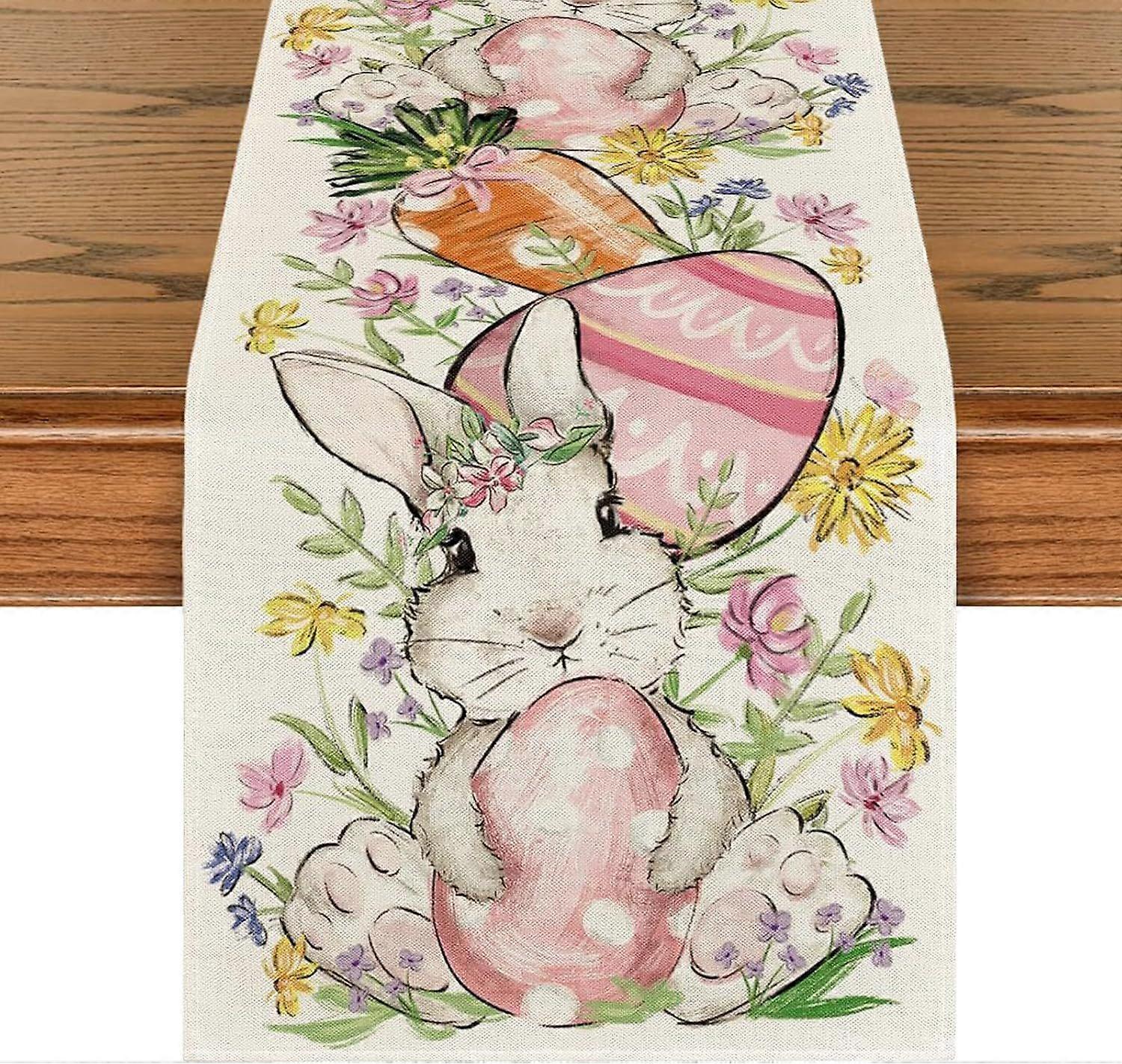 Rabbit Table Runner, Easter Table Runner, Multicolored with Spring Easter Egg Rabbit, 33 x 183 cm Table Decorations for Easter and Spring Celebrations