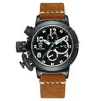 Relógio masculino automático mecânico de corda automática com pulseira de couro marrom genuíno multifuncional Boat Limited em tons de ouro rosa e bronze.