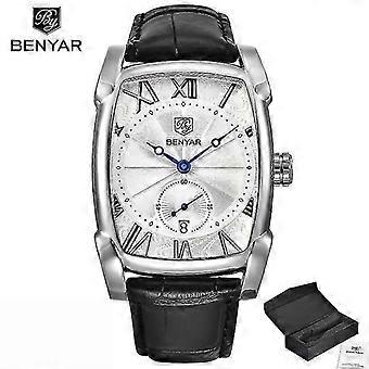 Benyar Herrenuhren, Luxusmarke, Quarz, Herrenarmbanduhr, Militärstil, Lederarmband, lässige quadratische Uhr, wasserdicht, Reloj De Hombre 5114-Silber