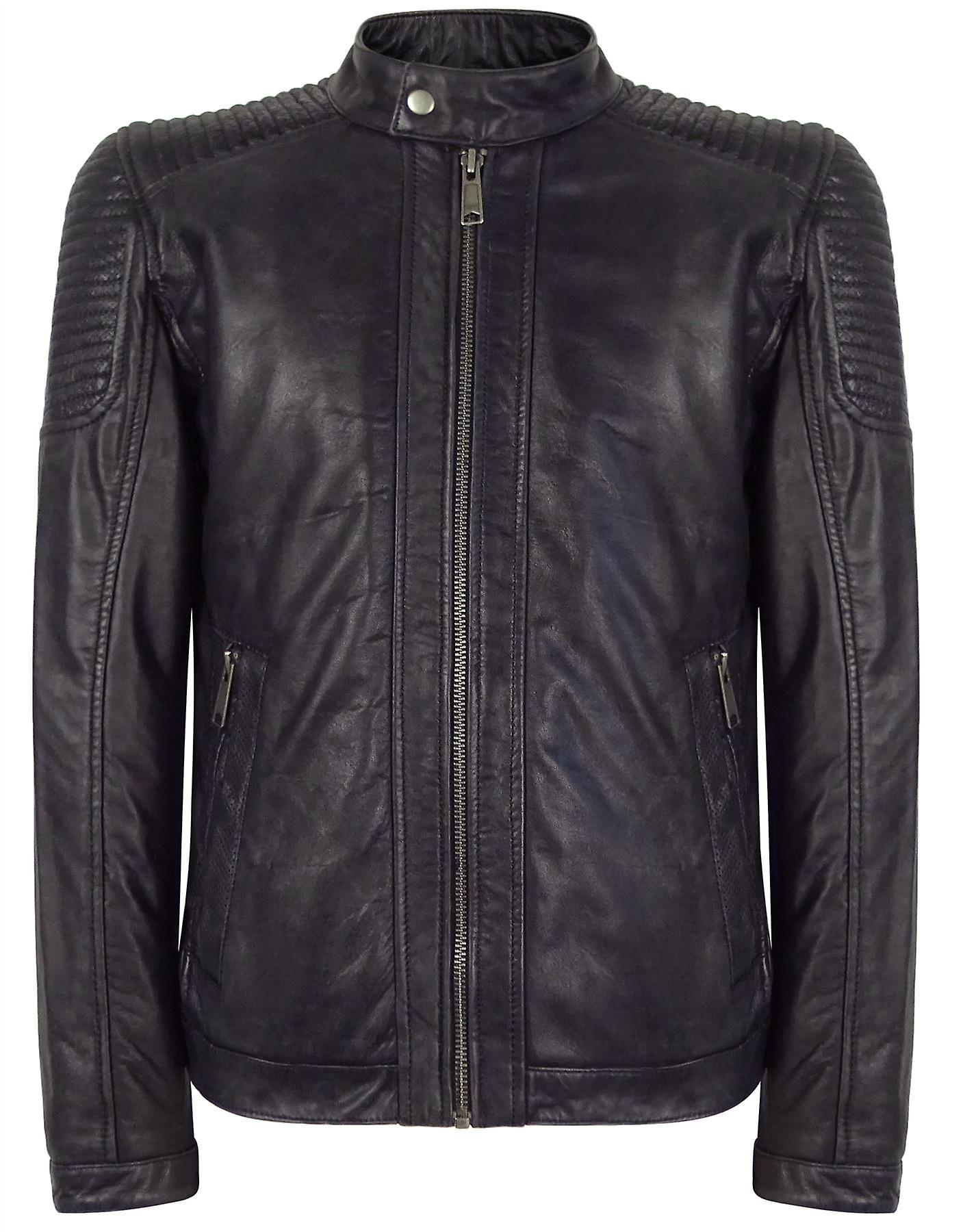 Men's Slim Fit Vintage Washed Real Leather Jacket Nehru Grandad Collar Biker