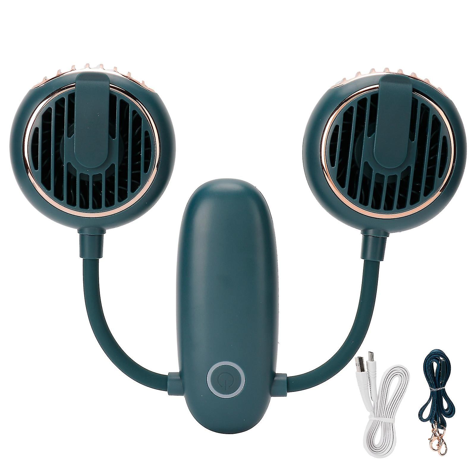Dualhead Usb Fan 360 Rotating Portable Neckhanging Electric Fan For Outdoor Travelgreen