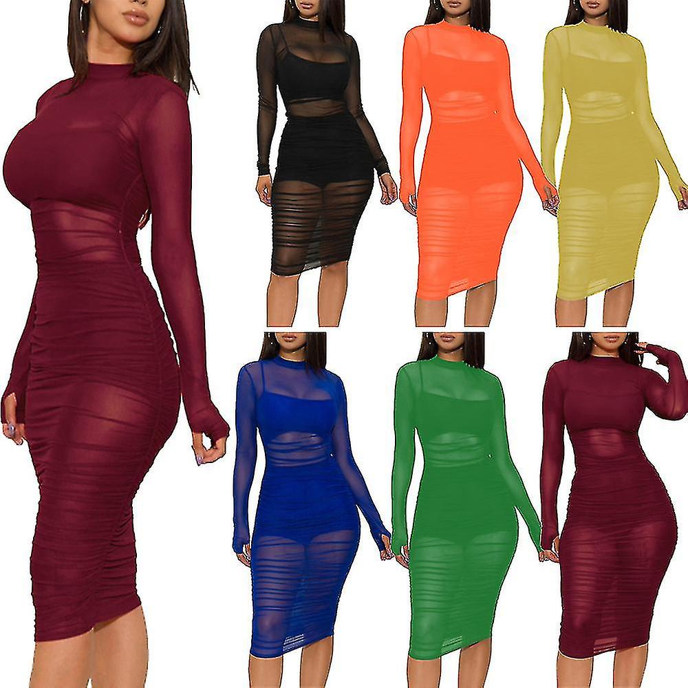Femmes # 39;s Sheer Mesh Bodycon Robe Ruched Mock Neck Midi Sheer Robe