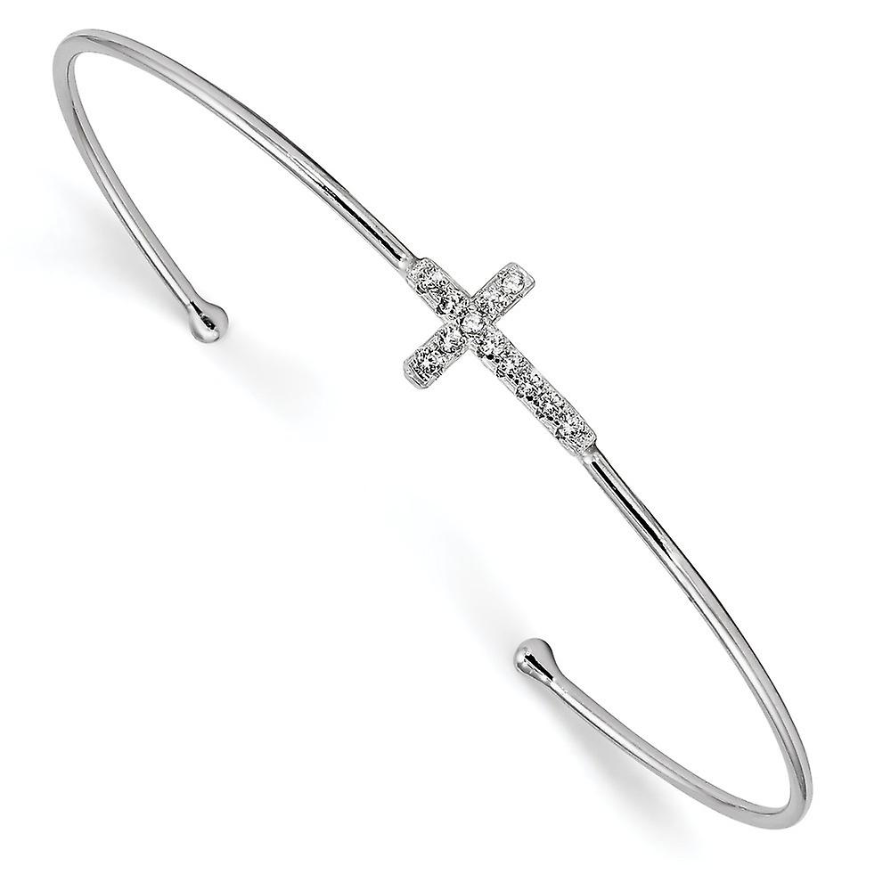1.3mm 925 Sterling Silver Rhodium Plated Cubic Zirconia Religious Faith Cross Slip on Cuff Stackable Bangle Bracelet-Cuf