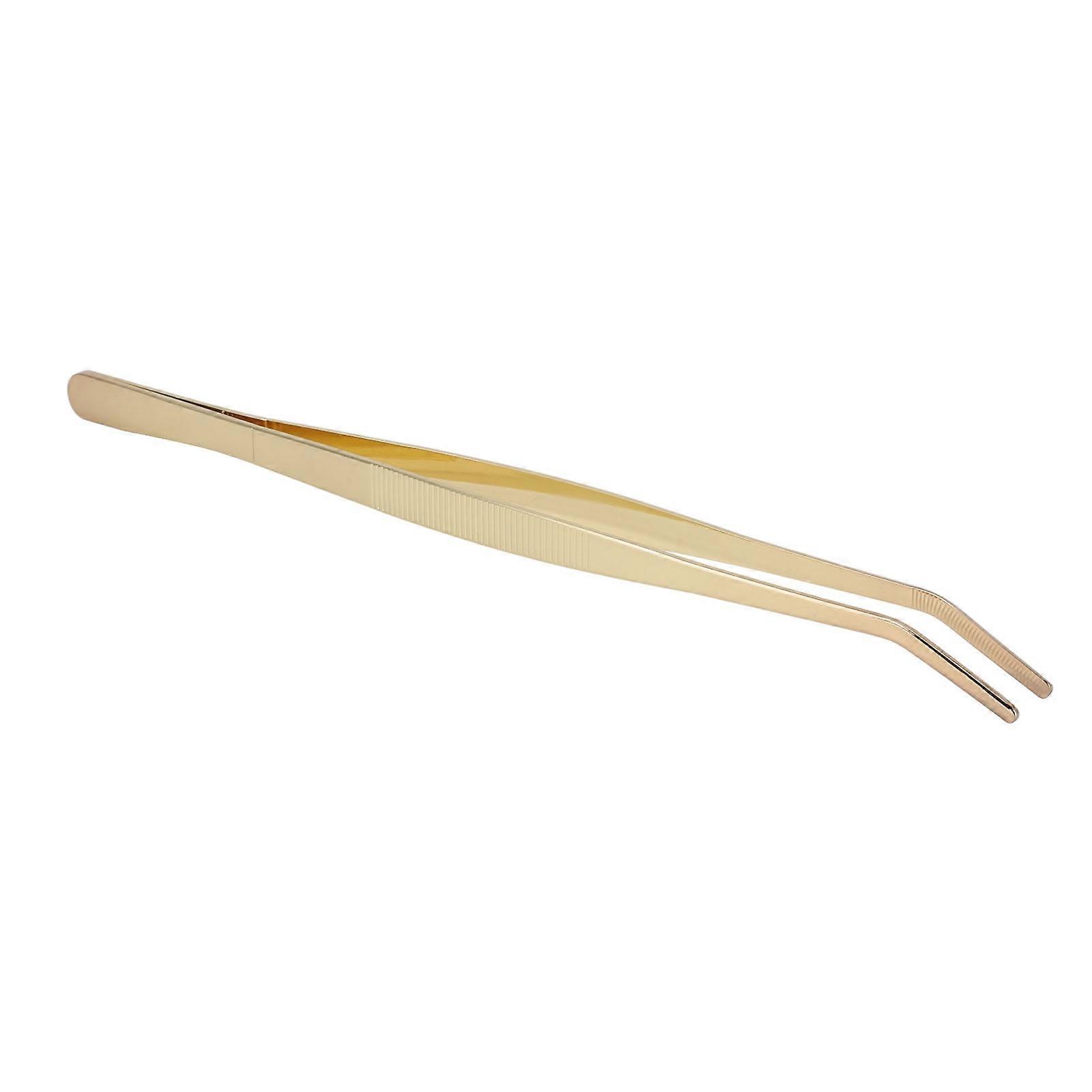 Thick stainless steel curved tip tweezers for kitchen use, for ice cubes, lemon slices and sugar cubes.