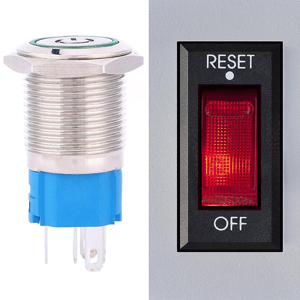 16mm Self-Reset Metal Push Button with Green LED Power Symbol Ring, 220V Switch