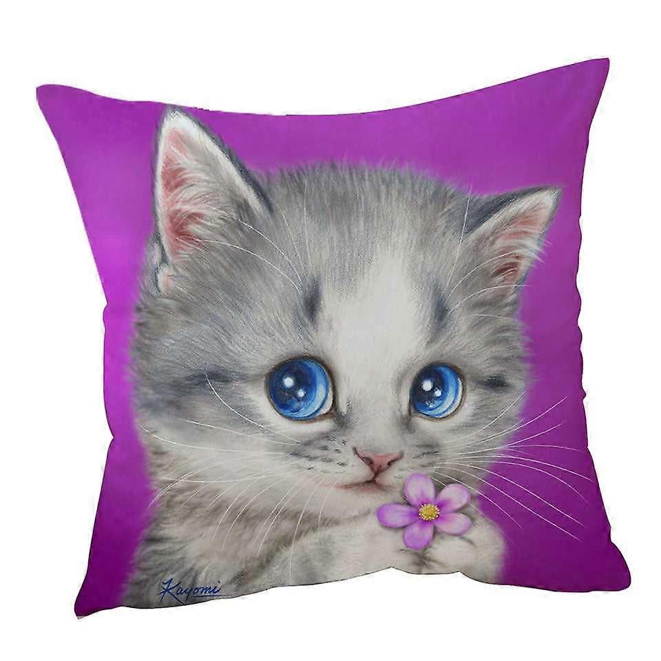 Cats Drawings Adorable Kitten Holding a Flower Cushion Cover