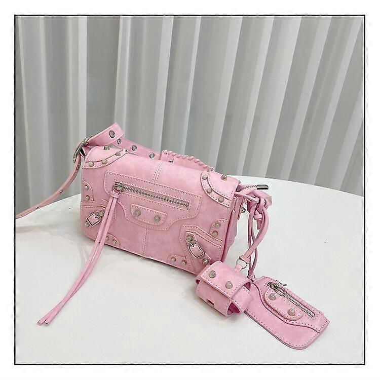 Borsa da motociclista con borchie e rivetti, da donna, nera, a tracolla, da sella, nera, rosa, viola