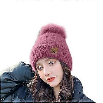 Women's Double Layer Plus Fleece Knitted Ear Protection Warm Hair Ball Wool Hat