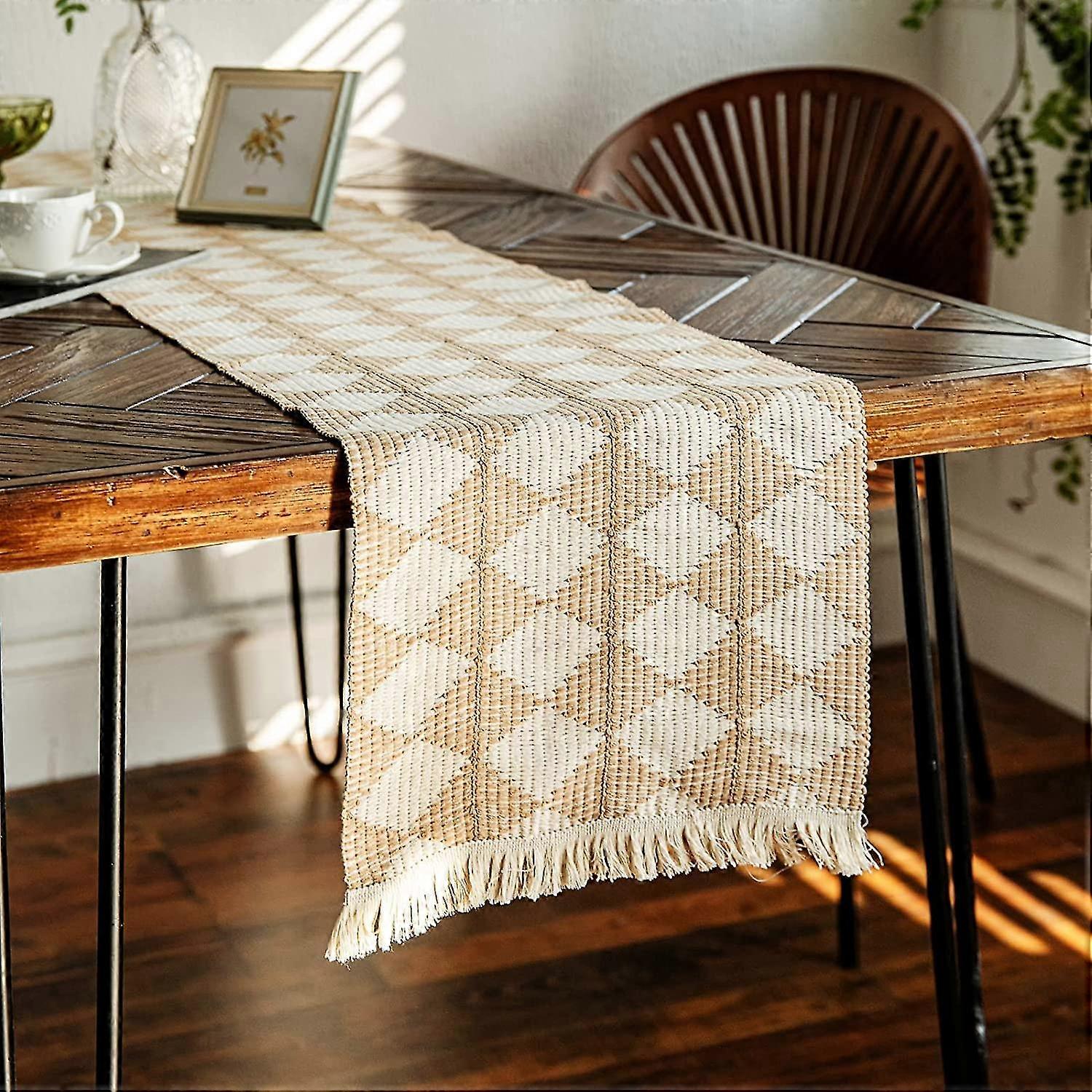 35 X 275 Cm Cotton Linen Table Runner Black And White Boho Style Diamond Pattern Vintage Macrame Table Runner With Tassels For Rustic Boho Wedding Kit