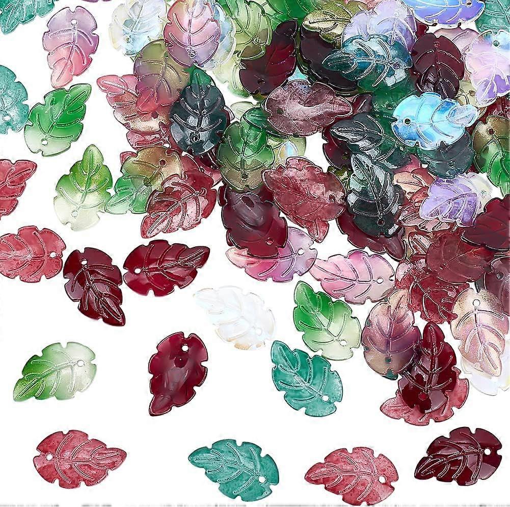 120Pcs Clear Glass Leaf Pendants Randomly Mixed Color Transparent Leaves Charms with Loop Crystal Colorful Frosted Loose Flat Leaf Beads for DIY Earri